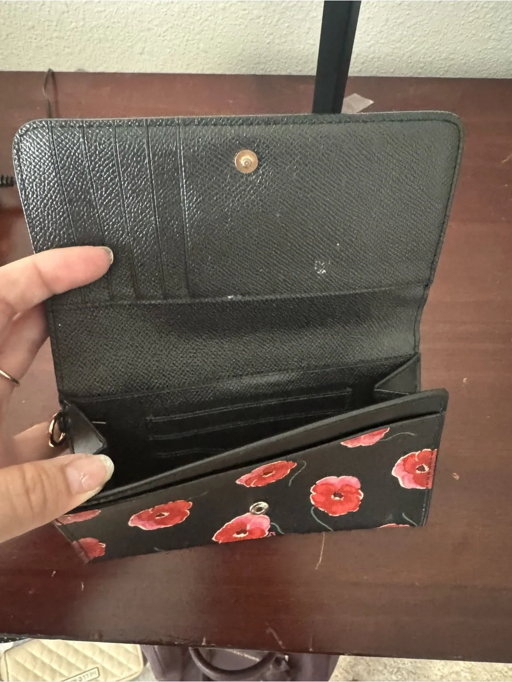 Coach Black Wallet with Red and Pink Floral Print